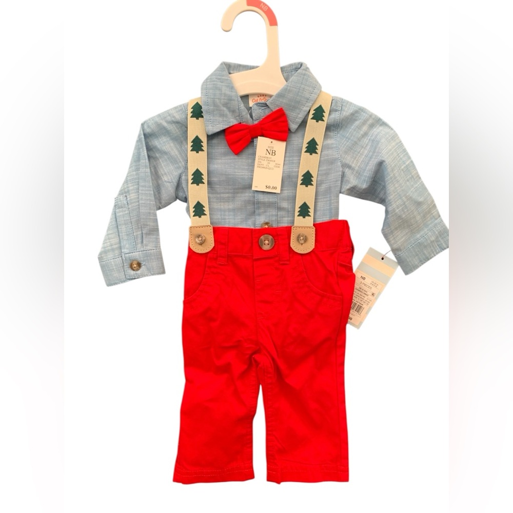 Cat & Jack Newborn Christmas Blue Bodysuit with Red Pants Suspenders Set